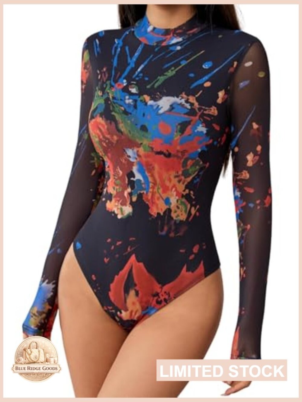Women's Mesh Long Sleeve Bodysuit Mock Neck Printed Snap Crotch One Piece - Picture 2 of 5
